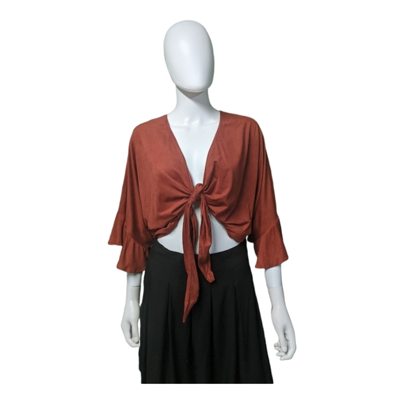 Olivaceous Crop Knot-Front Top Orange S - Picture 2 of 8